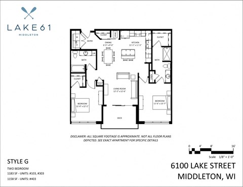 Floor plan for 2 beds, 2 baths, 1183 sqft